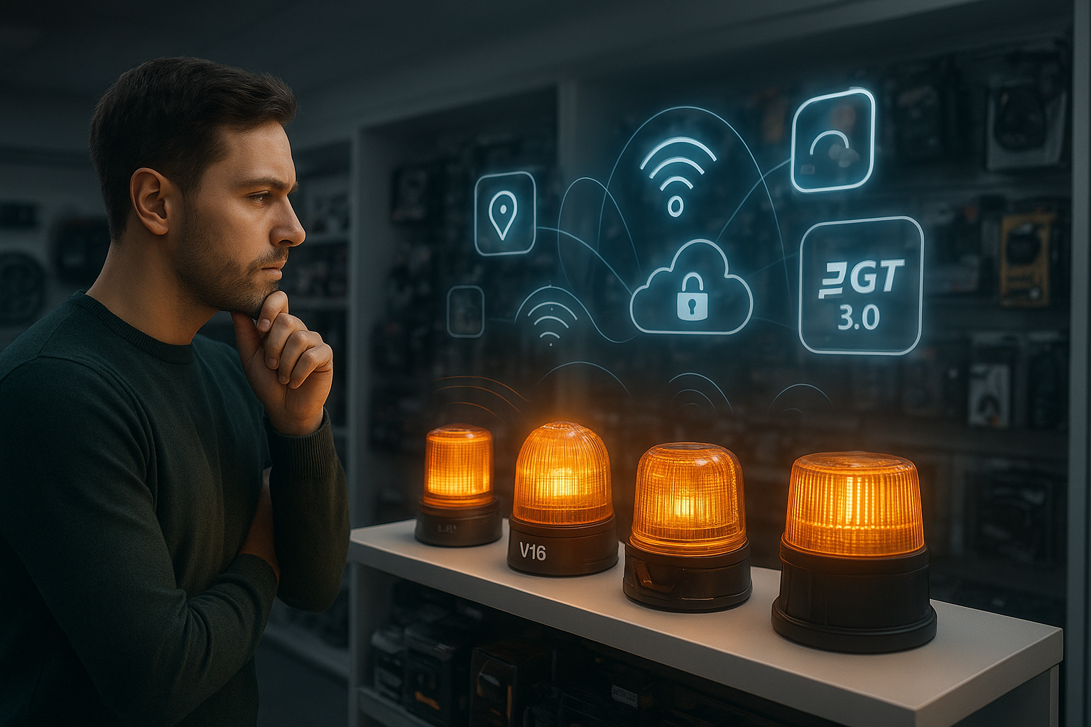 Persona eligiendo entre varias luces de emergencia V16 en una tienda de accesorios para coches.