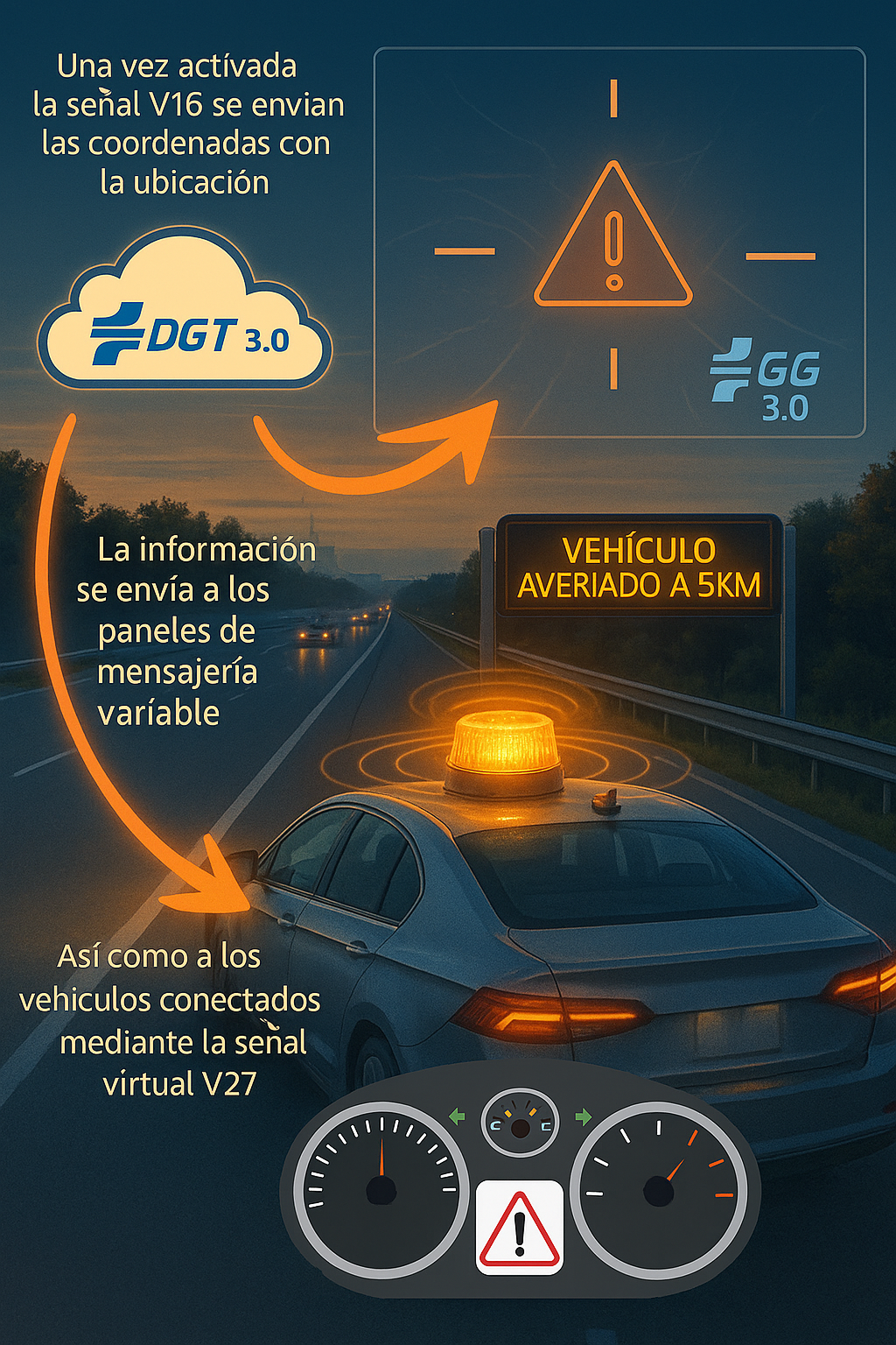 Cómo la V16 conectada mejora la seguridad vial Diagrama de funcionamiento de la luz V16 con DGT 3.0 para alertar a otros vehículos