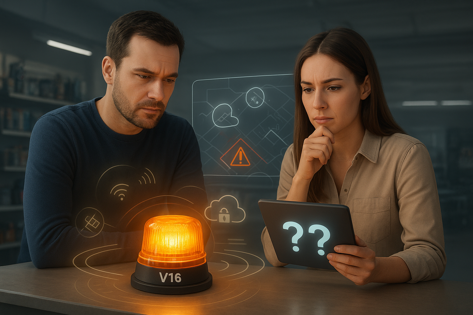 Hombre y mujer mirando una luz V16 y una tablet con signos de interrogación.