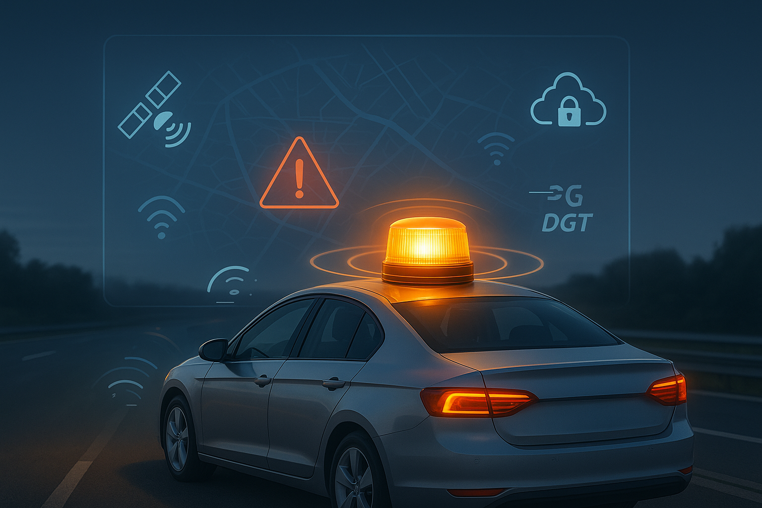 Una luz V16 en el techo de un coche, con un mapa digital en el fondo mostrando una alerta de tráfico.
