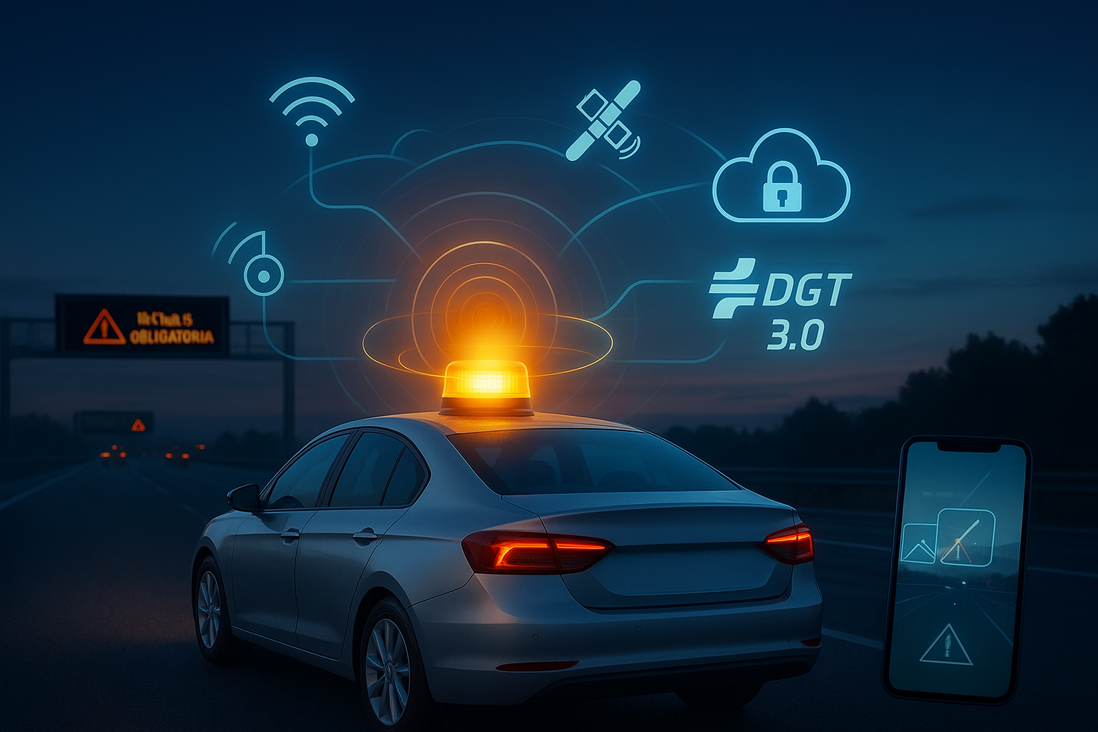 Un vehículo con la baliza V16 en el techo, rodeado de líneas y símbolos tecnológicos que representan la conectividad inteligente en carretera.